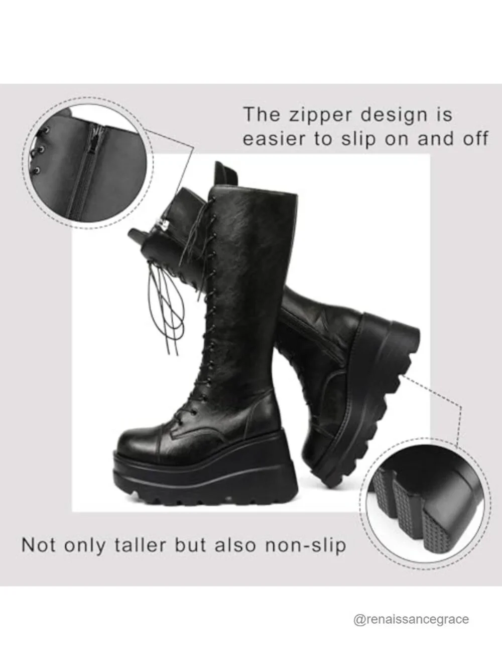 Women's Goth Combat Platform Wedge Boots Faux Leather Chunky Heel Lace Up